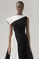 Load image into Gallery viewer, Black and White Patchwork A Line Asymmetrical Neck Black Tie Dress