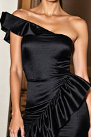 Load image into Gallery viewer, Black Satin Tight Short One Shoulder Cocktail Dress with Ruffles
