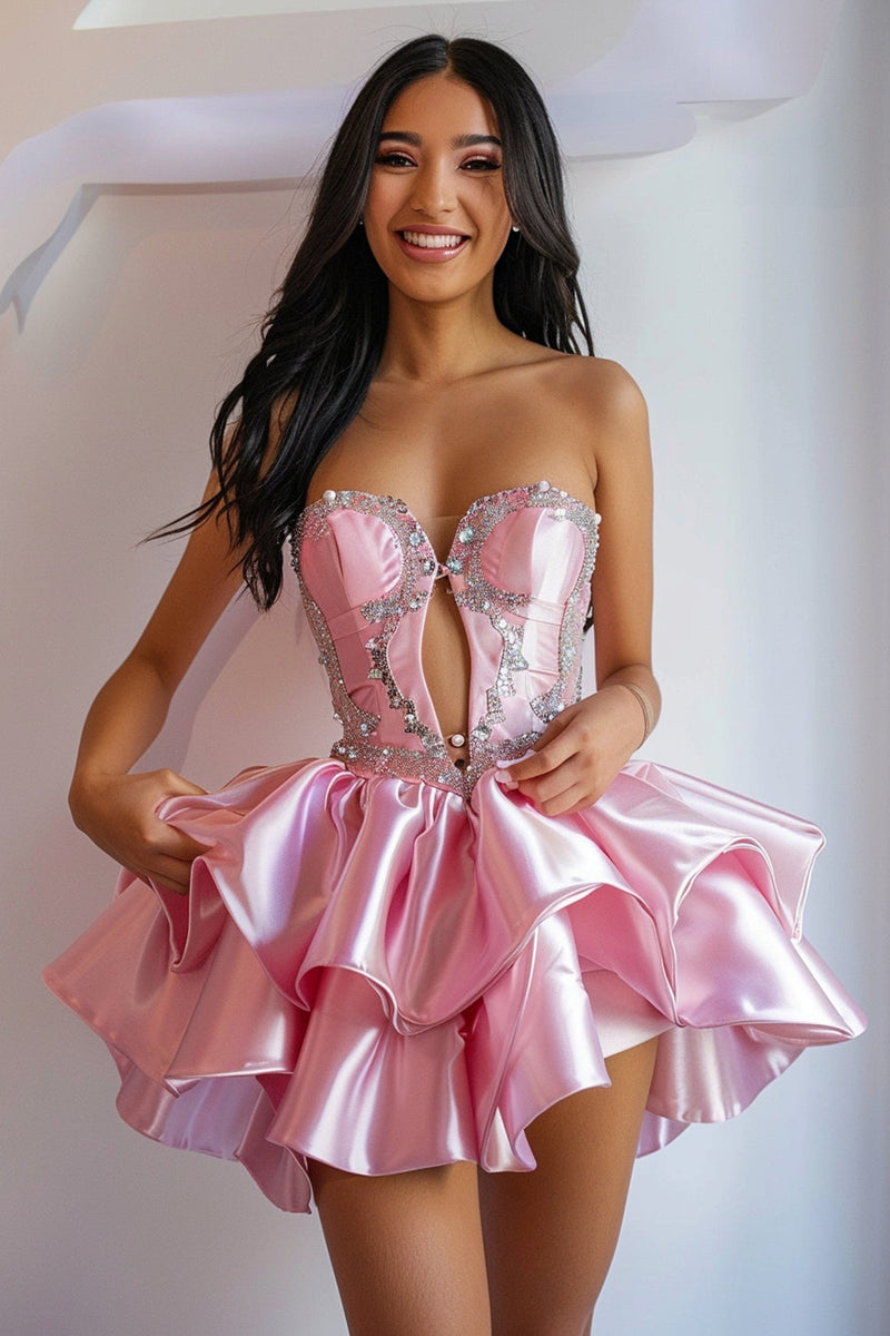 Load image into Gallery viewer, Women Sparkly Pink Strapless Short Prom Dress with Pearls Tiered Satin A Line Keyhole Ruffled Cocktail Dress with Rhinestones