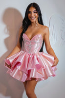 Load image into Gallery viewer, Sparkly Pink Ruffled Strapless Short Satin Prom Dress with Beading