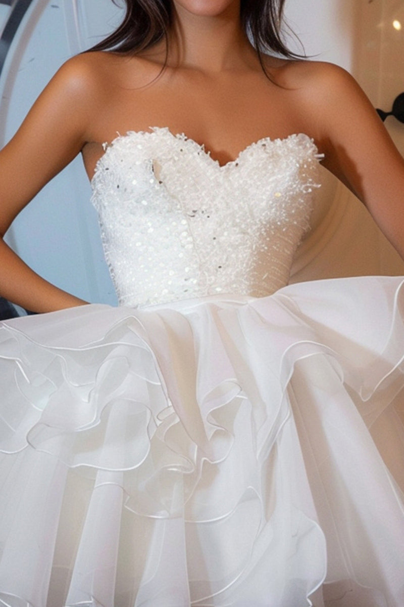 Load image into Gallery viewer, Sparkly White Sweetheart Ruffled Short Prom Dress with Sequins