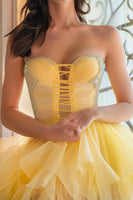 Load image into Gallery viewer, Sparkly Yellow Lace Up Front Strapless Short Prom Dress with Ruffles