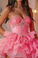 Load image into Gallery viewer, Sparkly Hot Pink Corset Sweetheart Short Prom Dress with Ruffles