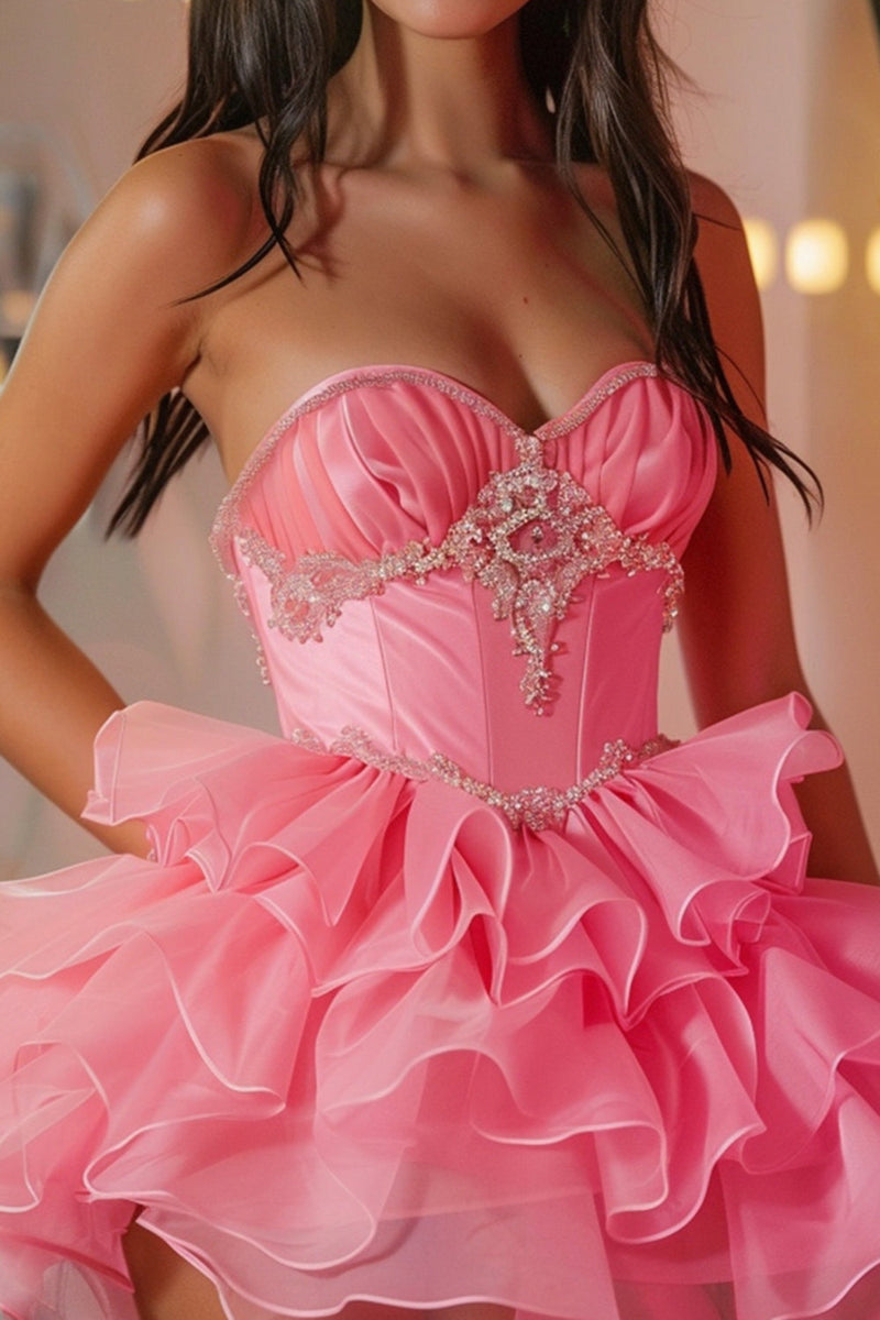 Load image into Gallery viewer, Sparkly Hot Pink Corset Sweetheart Short Prom Dress with Ruffles