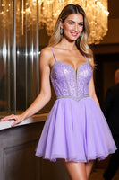Load image into Gallery viewer, Sparkly Purple A Line Tulle Beaded Short Prom Dress
