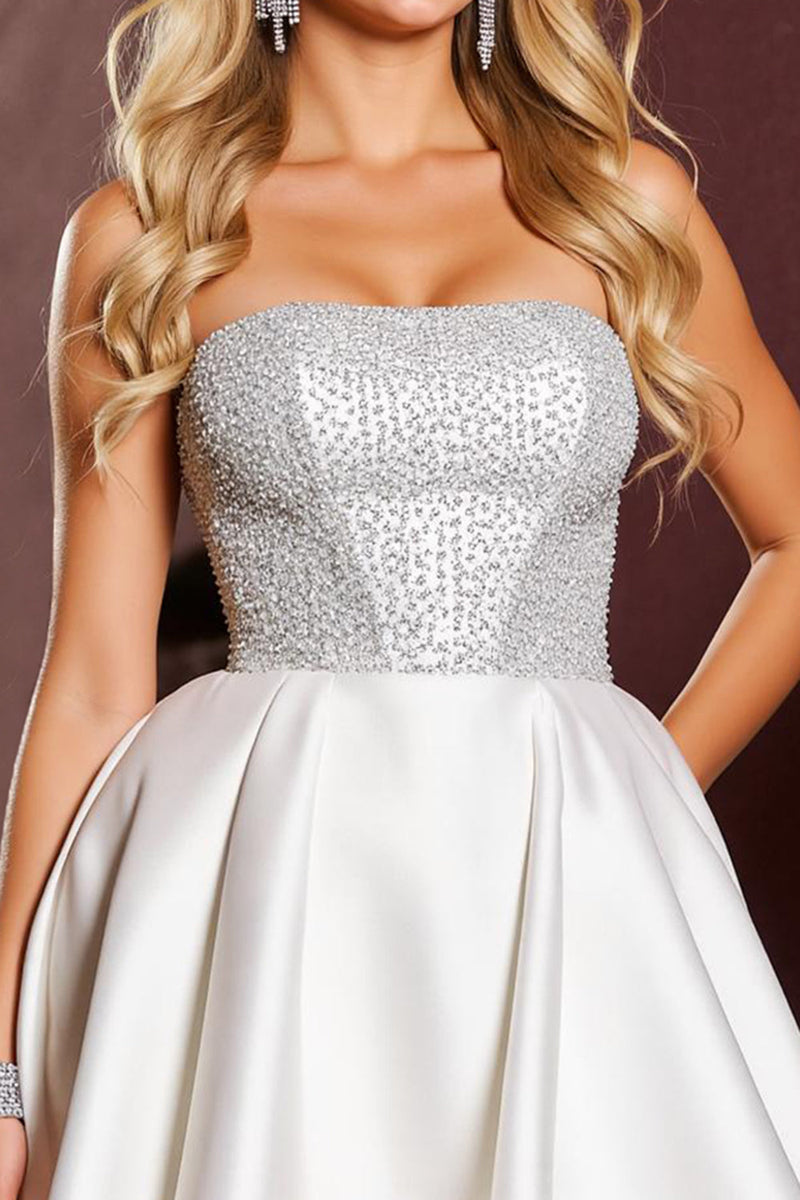 Load image into Gallery viewer, Sparkly White Satin Strapless Beaded Short Prom Dress