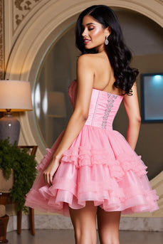 Pink Sparkly Sweetheart Ruffled Short Prom Dress with Beading