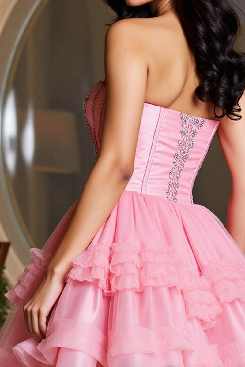 Load image into Gallery viewer, Pink Sparkly Sweetheart Ruffled Short Prom Dress with Beading