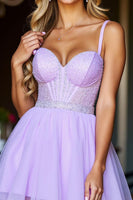 Load image into Gallery viewer, Purple Tulle Sparkly Short Corset Prom Dress with Beading