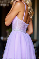 Load image into Gallery viewer, Purple Tulle Sparkly Short Corset Prom Dress with Beading
