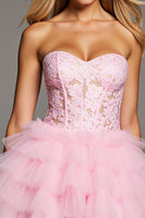 Load image into Gallery viewer, Sweetheart Pink Tiered Ruffled Short Corset Prom Dress