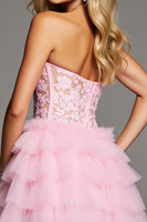 Load image into Gallery viewer, Sweetheart Pink Tiered Ruffled Short Corset Prom Dress