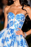 Load image into Gallery viewer, Floral White and Blue A Line Satin Sweetheart Short Prom Dress