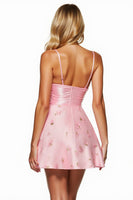 Load image into Gallery viewer, Floral Pink Satin Spaghetti Straps Short Prom Dress