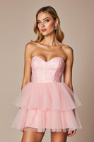 Load image into Gallery viewer, A Line Pink Sweetheart Tulle Short Prom Dress with Ruffles
