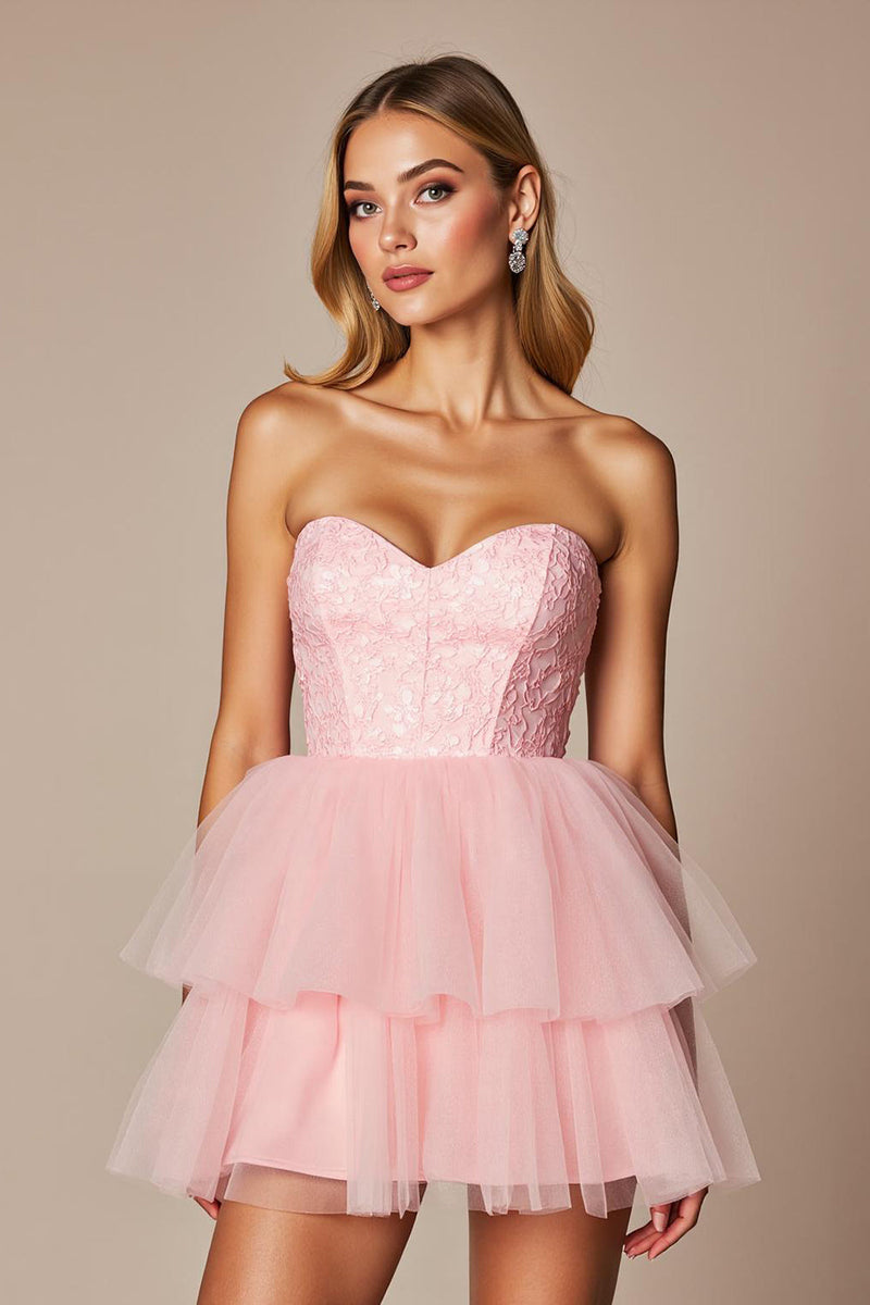 Load image into Gallery viewer, A Line Pink Sweetheart Tulle Short Prom Dress with Ruffles