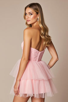 A Line Pink Sweetheart Tulle Short Prom Dress with Ruffles