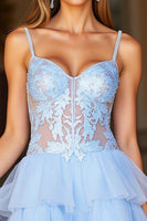 Load image into Gallery viewer, A Line Blue Spaghetti Straps Lace Short Prom Dress