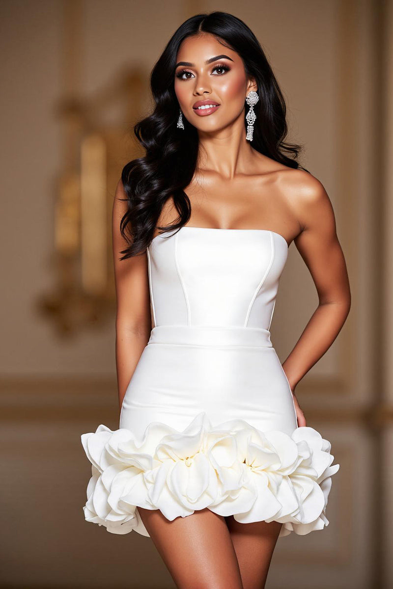 Load image into Gallery viewer, Satin White Strapless Ruffled Short Corset Prom Dress