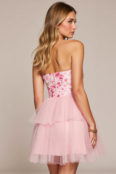 Floral Pink Tulle Sweetheart Short Prom Dress