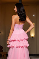 Load image into Gallery viewer, Sparkly Pink A Line Sweetheart High-Low Prom Dress with Ruffles