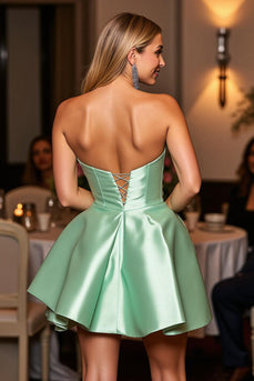 Satin Green Short A Line Prom Dress with Beading