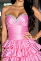 Load image into Gallery viewer, Satin Hot Pink Tiered Beaded Short Prom Dress