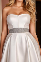 Load image into Gallery viewer, Satin White Strapless A Line Short Prom Dress with Beading