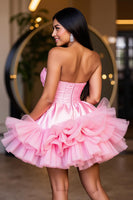 Load image into Gallery viewer, A Line Hot Pink Tiered Strapless Short Prom Dress
