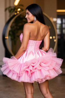 A Line Hot Pink Tiered Strapless Short Prom Dress