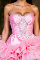 Load image into Gallery viewer, A Line Hot Pink Tiered Strapless Short Prom Dress