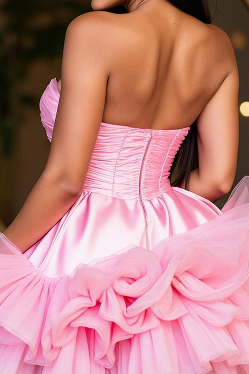 Load image into Gallery viewer, A Line Hot Pink Tiered Strapless Short Prom Dress