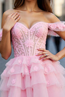 Load image into Gallery viewer, A Line Pink Tulle Appliqued Short Corset Prom Dress