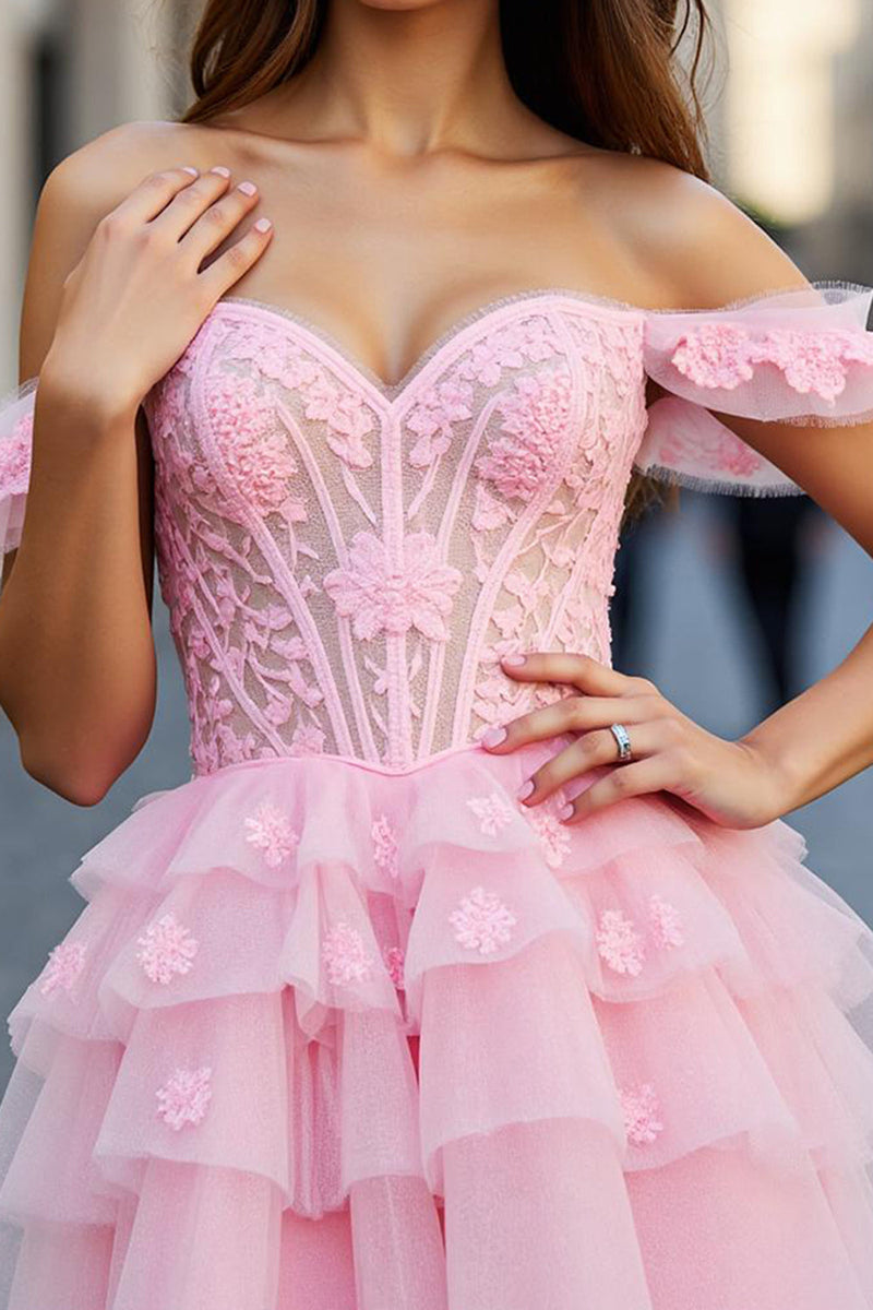 Load image into Gallery viewer, A Line Pink Tulle Appliqued Short Corset Prom Dress