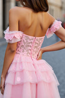 Load image into Gallery viewer, A Line Pink Tulle Appliqued Short Corset Prom Dress