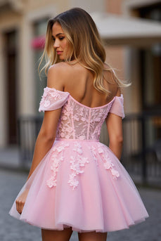 Pink Floral Off the Shoulder Tulle Short Corset Prom Dress