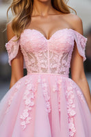 Load image into Gallery viewer, Pink Floral Off the Shoulder Tulle Short Corset Prom Dress