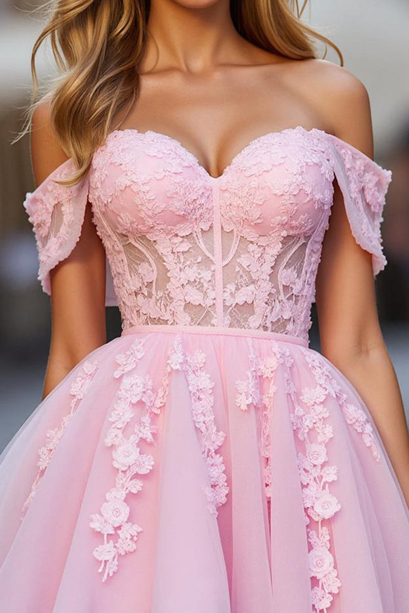 Load image into Gallery viewer, Pink Floral Off the Shoulder Tulle Short Corset Prom Dress