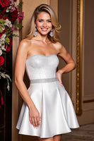 Load image into Gallery viewer, White Sparkly A Line Strapless Short Prom Dress with Beading