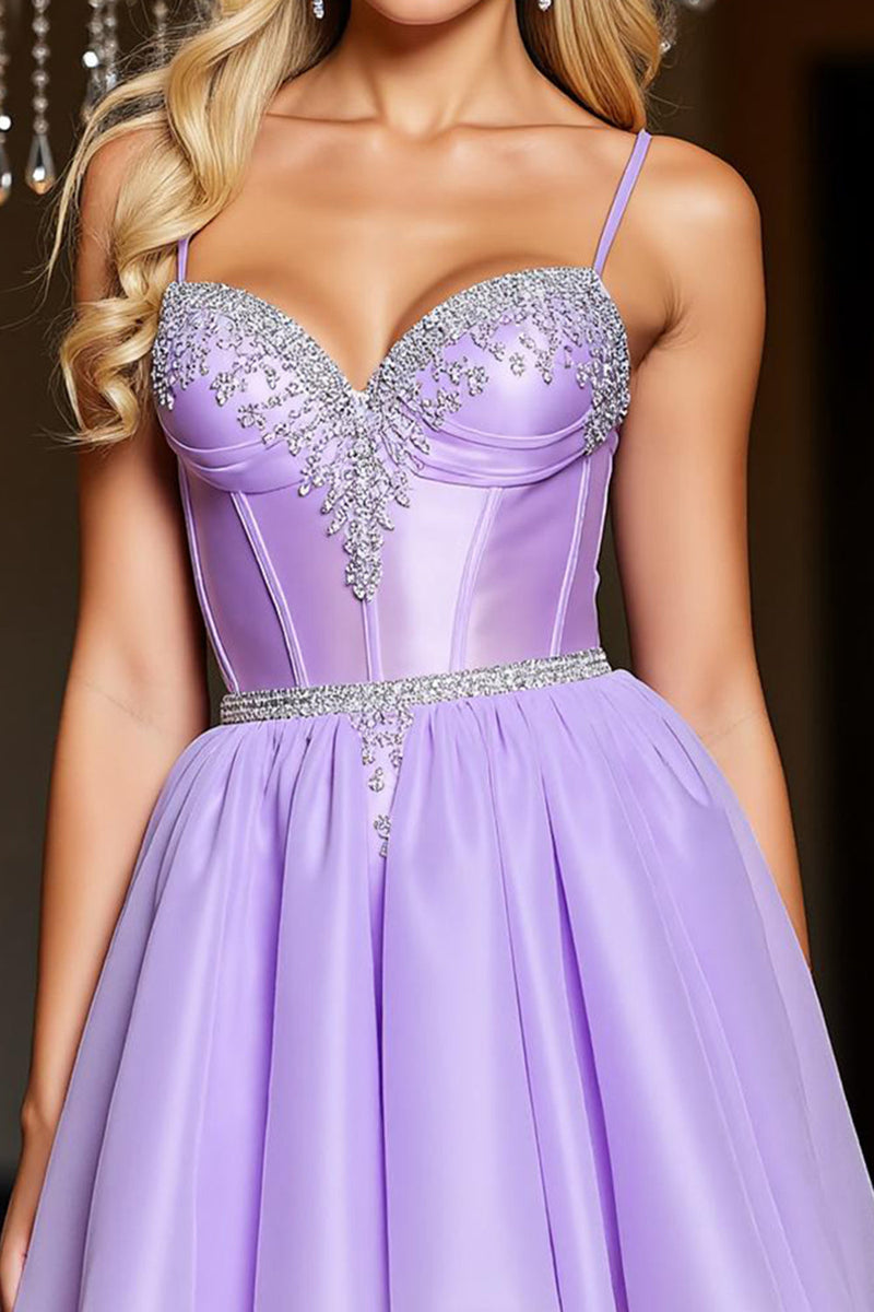 Load image into Gallery viewer, Sparkly A Line Purple Short Corset Prom Dress with Beading