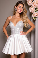 Load image into Gallery viewer, White Sparkly A Line Satin Beaded Short Prom Dress