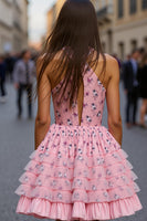 Load image into Gallery viewer, Pink Floral A Line Keyhole Short Prom Dress with Ruffles