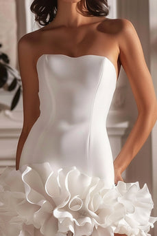 White Satin Strapless Tight Short Prom Dress with Ruffles