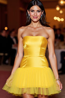 Load image into Gallery viewer, Yellow Satin Strapless Short Tight Prom Dress with Ruffles