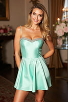 Load image into Gallery viewer, Sparkly Green Satin Spaghetti Straps Short Prom Dress wiith Beading