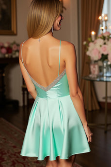 Sparkly Green Satin Spaghetti Straps Short Prom Dress wiith Beading