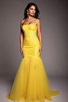 Load image into Gallery viewer, Sparkly Yellow Strapless Mermaid Long Prom Dress with Beading