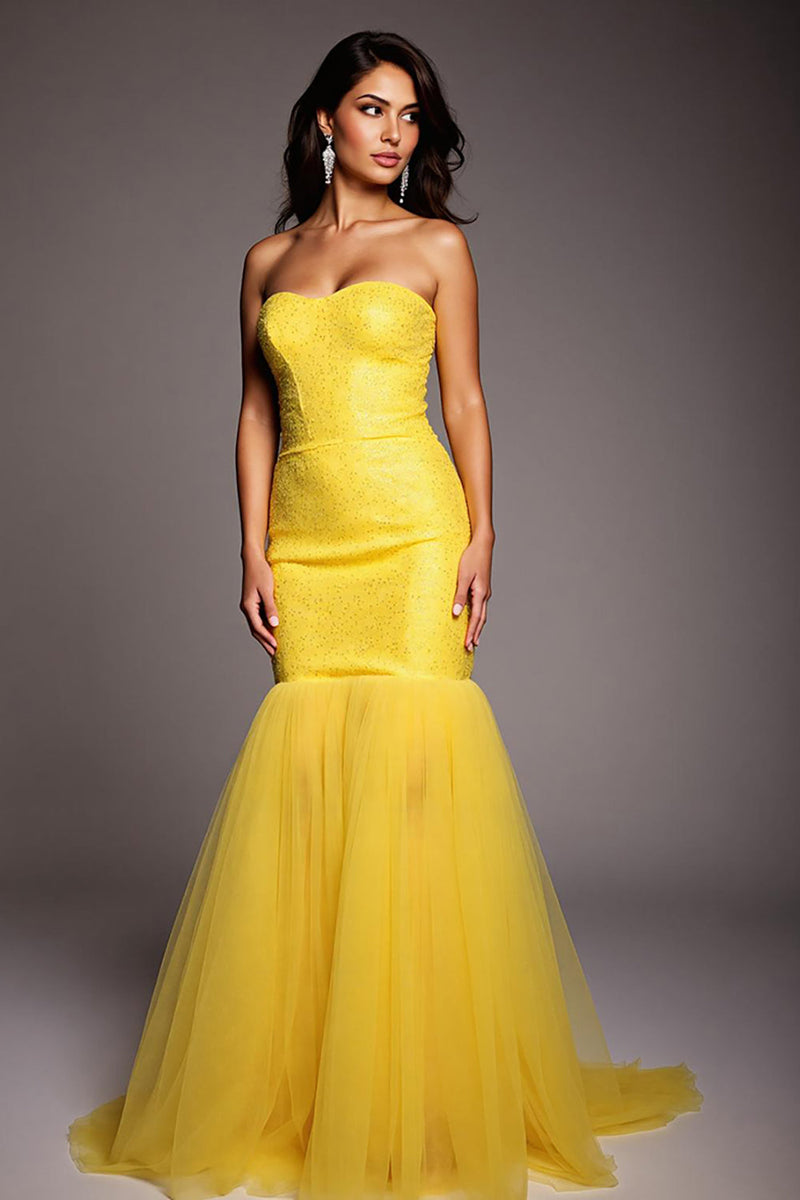 Load image into Gallery viewer, Sparkly Yellow Strapless Mermaid Long Prom Dress with Beading