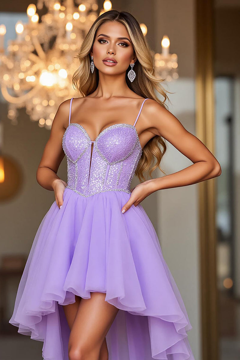 Load image into Gallery viewer, Sparkly Purple Corset Spaghetti Straps High-Low Prom Dress