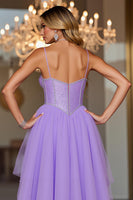 Load image into Gallery viewer, Sparkly Purple Corset Spaghetti Straps High-Low Prom Dress